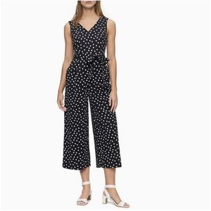 Calvin Klein Polka Dot V-Neck Belted Jumpsuit